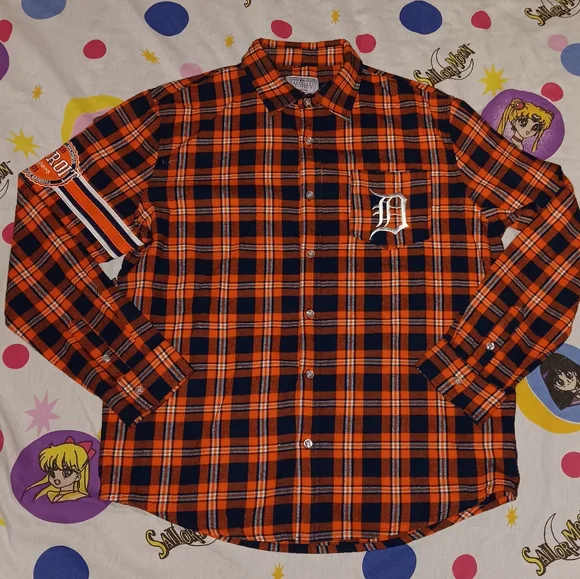 Detroit Tigers Orange And Blue Flannel Button Up Shirt Baseball Jersey